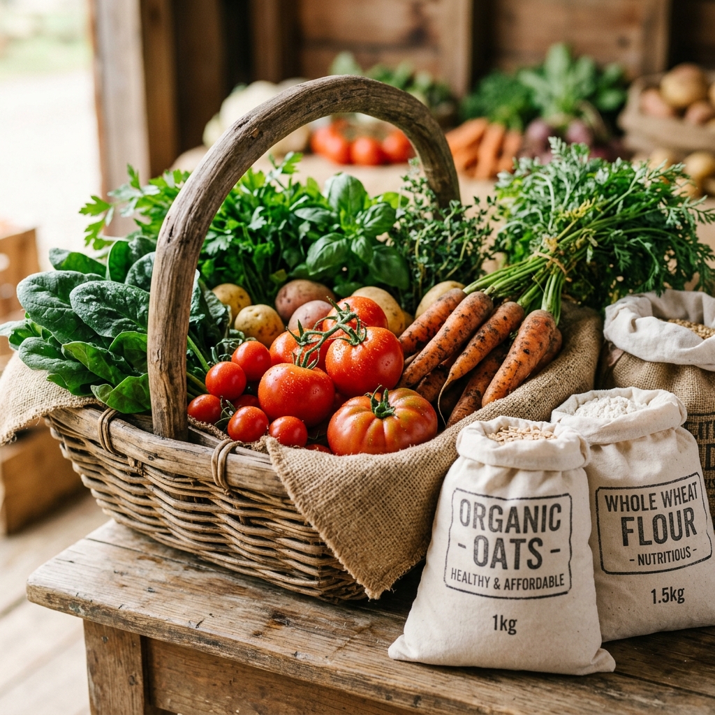 Basket of fresh organic vegetables and wheat grains